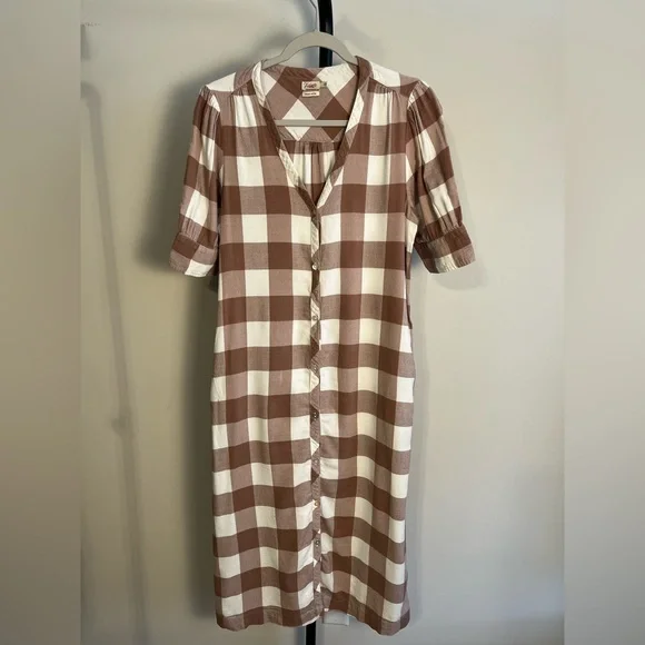 VGUC Faherty Helena dress buffalo check brown white button up pockets Small - Picture 4 of 12